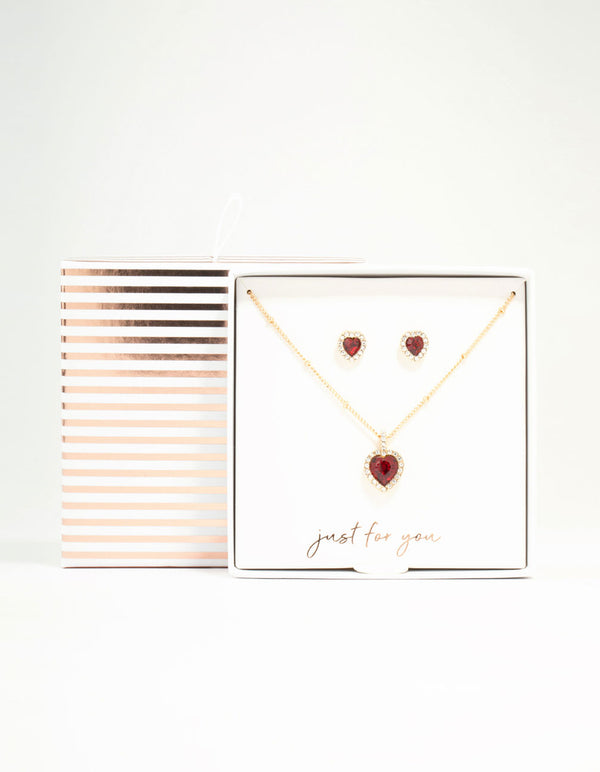 Gold Red Diamante Heart Necklace & Stud Earrings Set