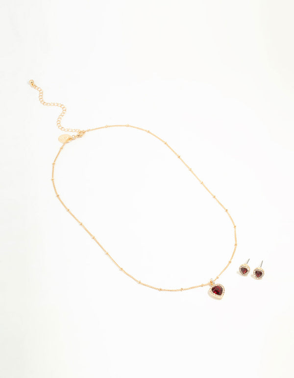 Gold Red Diamante Heart Necklace & Stud Earrings Set