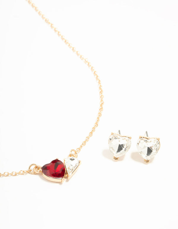 Red Diamante Heart Necklace & Stud Earrings Set