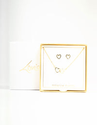 Gold Plated Linked Heart Necklace & Stud Earrings Set - link has visual effect only