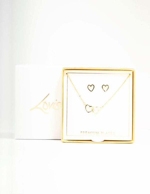 Gold Plated Linked Heart Necklace & Stud Earrings Set