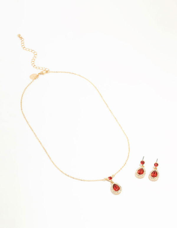 Round & Pear Red Diamante Halo Necklace & Drop Earrings Set