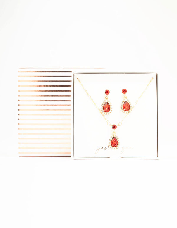 Round & Pear Red Diamante Halo Necklace & Drop Earrings Set