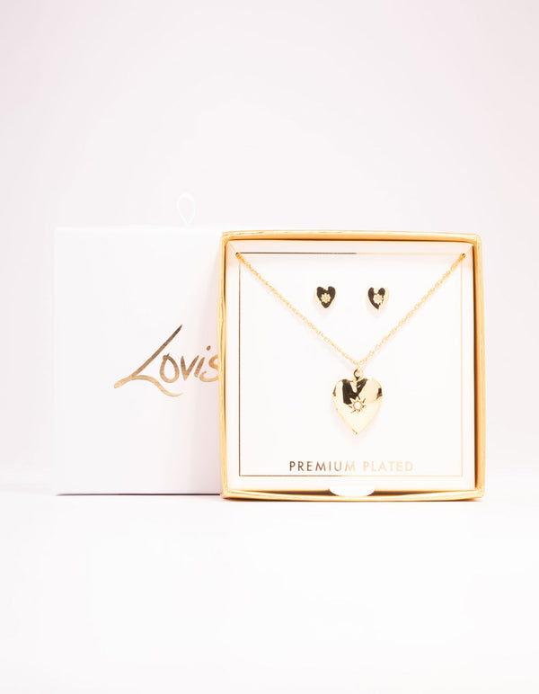 Gold Plated Heart Locket Necklace & Stud Earrings Set