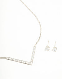 Silver Cubic Zirconia V-Necklace & Stud Earrings Set - link has visual effect only