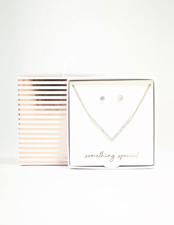 Silver Cubic Zirconia V-Necklace & Stud Earrings Set