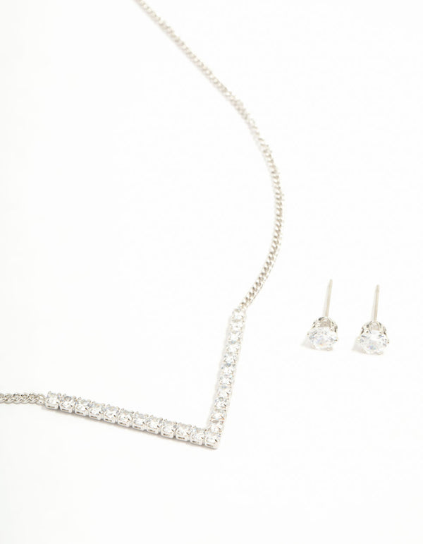 Silver Cubic Zirconia V-Necklace & Stud Earrings Set