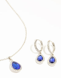 Silver Blue Diamante Halo Necklace & Huggie Earrings Set - link has visual effect only