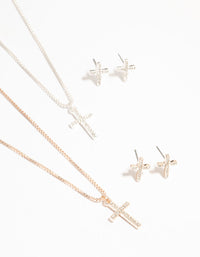Mixed Metals Diamante Cross Necklace & Stud Earrings Set - link has visual effect only
