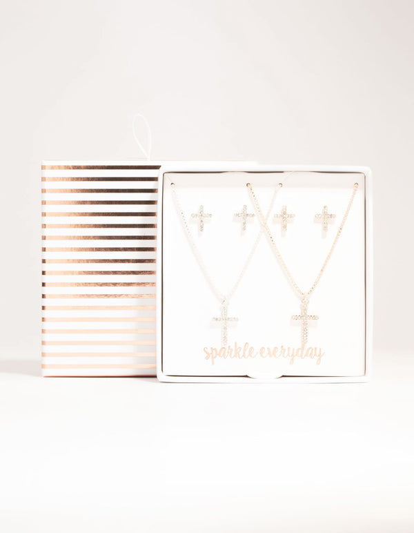 Mixed Metals Diamante Cross Necklace & Stud Earrings Set