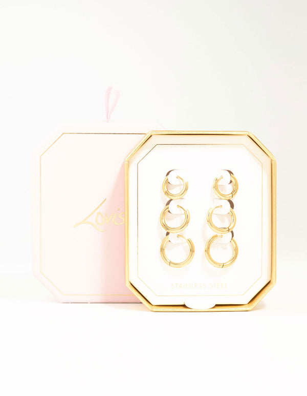 Waterproof Gold Plated Stainless Steel Basic Graduating Hoop Earrings 3-Pack