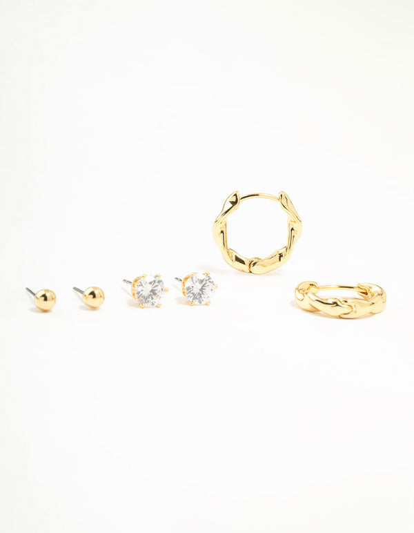 Gold Plated Twisted Hoop & Stud Earrings 3-Pack