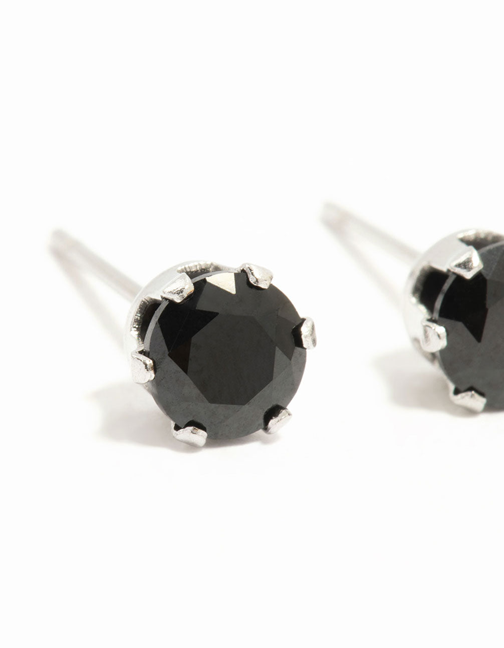 Highlighting waterproof black diamante stainless steel stud earrings with silver finish close up view