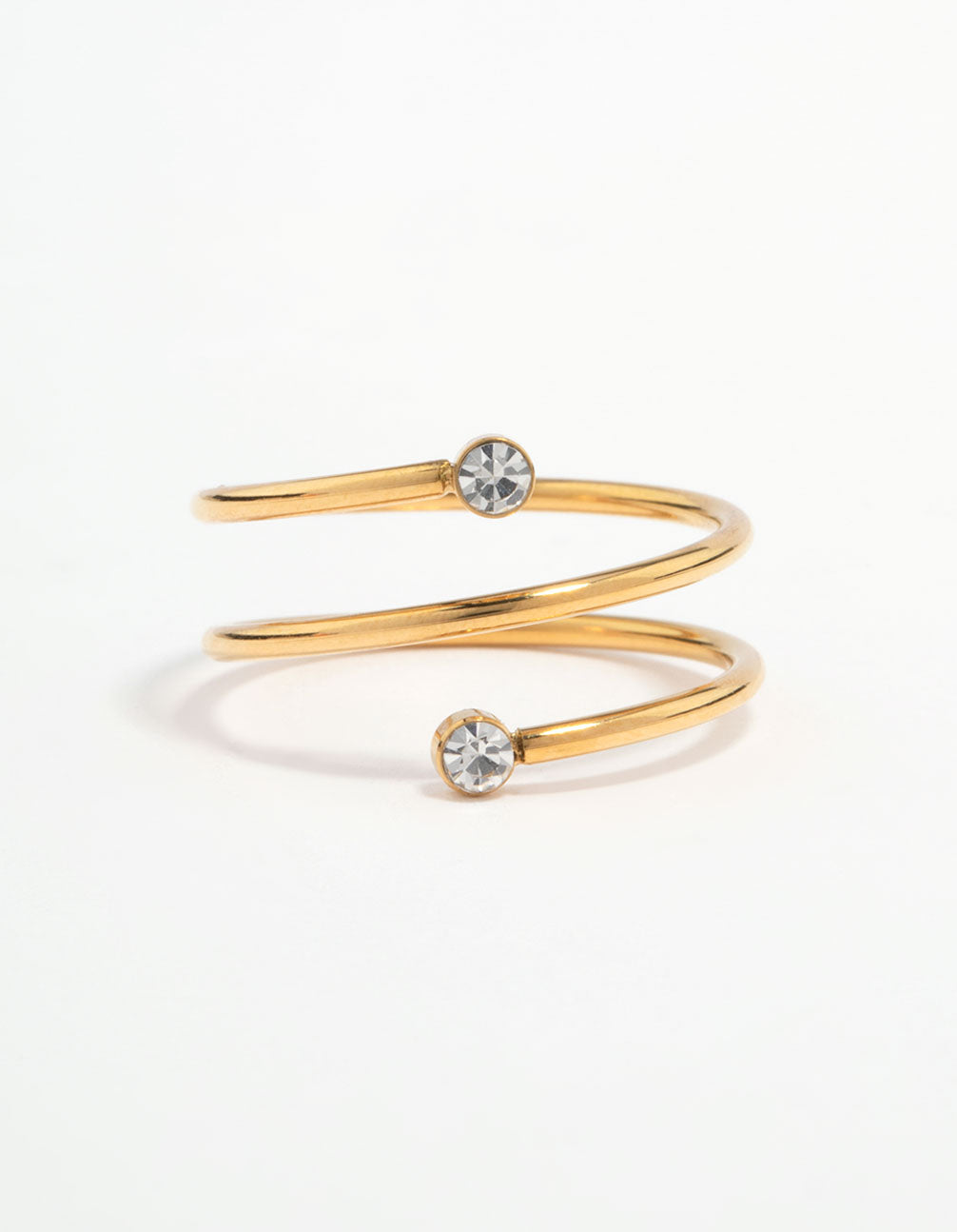 Elegant waterproof gold plated stainless steel diamante coil ring close up view