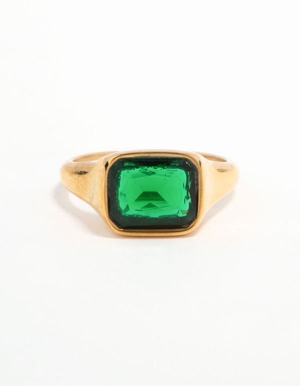 Waterproof Gold Plated Stainless Steel Green Cubic Zirconia Signet Ring