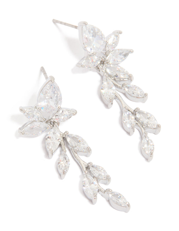 Cubic Zirconia Dainty Leaf Silver Drop Earrings