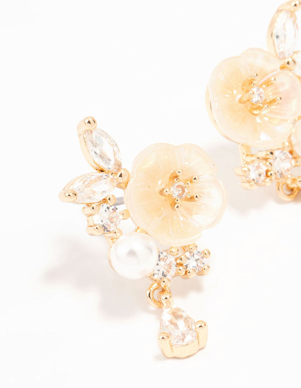 Gold Cubic Zirconia Flower Stud Earrings