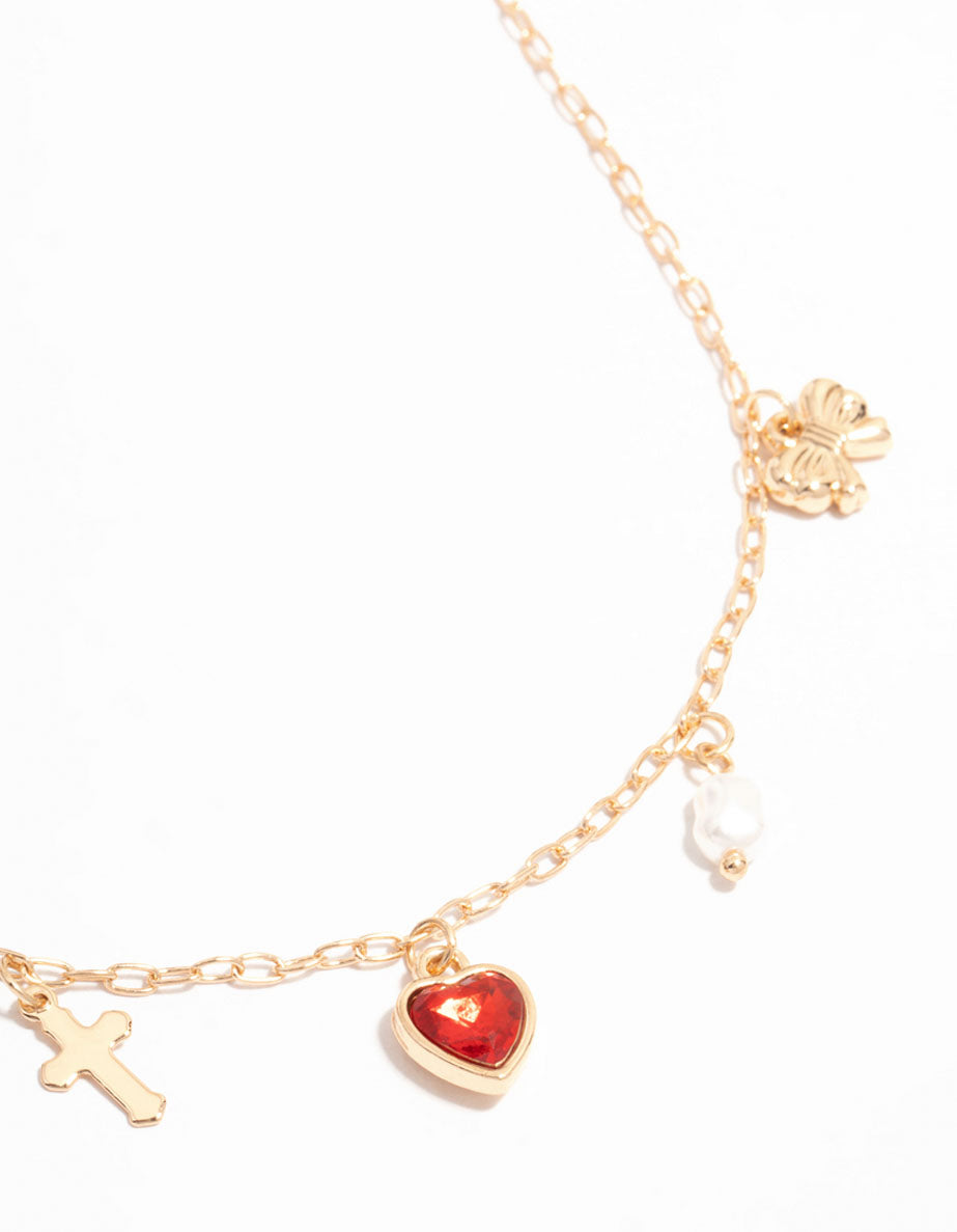 Gold Heart, Butterfly, Cross & Pearl Charm Necklace
