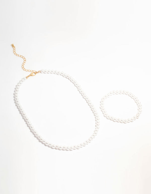 Gold Classic Pearl Stretch Bracelet & Necklace Set