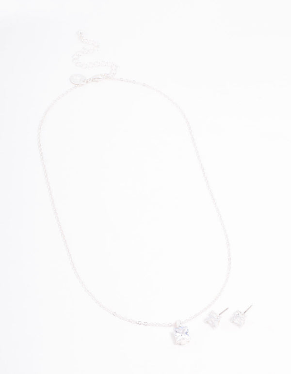 Silver Czech Bohemia Crystal Princess Cut Earrings & Necklace Set