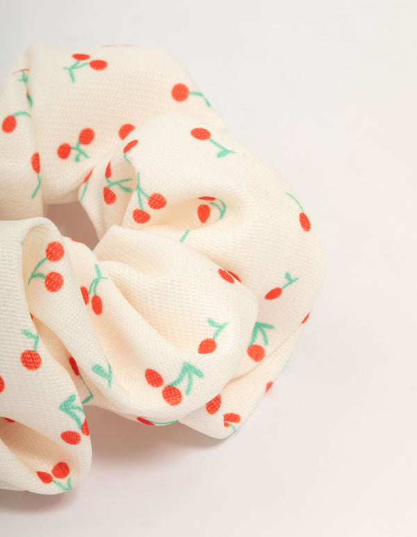 Cream Mini Cherry Fabric Scunchie