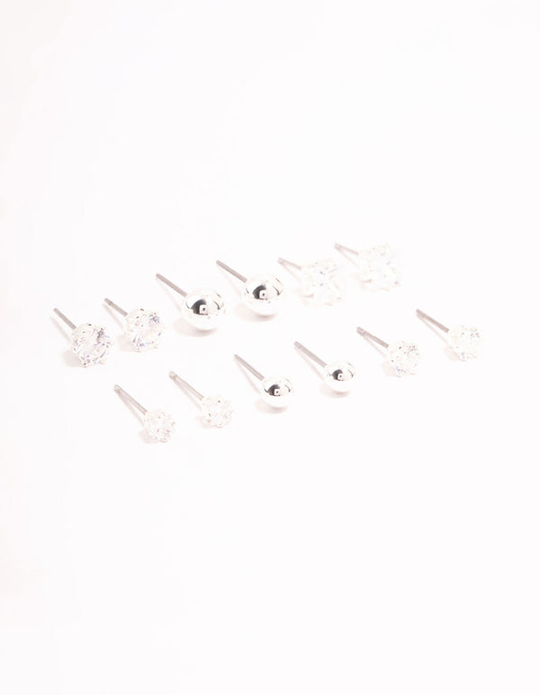 Silver Plated Cubic Zirconia & Ball Stud Earrings 6-Pack