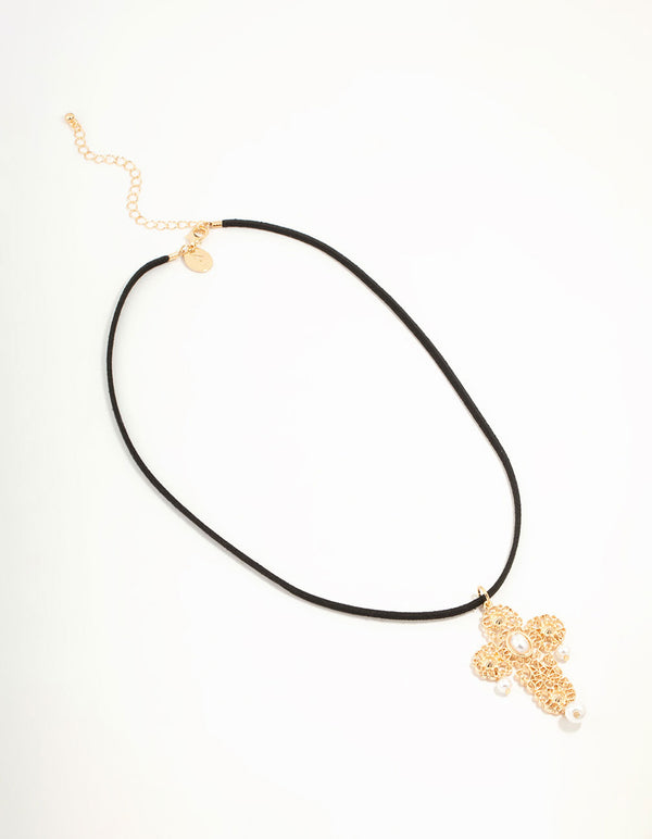 Gold Pearl Drop Cross Cord  Necklace