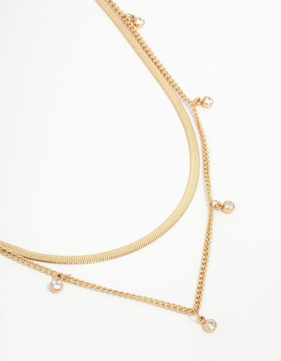 Waterproof Gold Plated Stainless Steel Cubic Zirconia Snake & Charm Layered Necklace