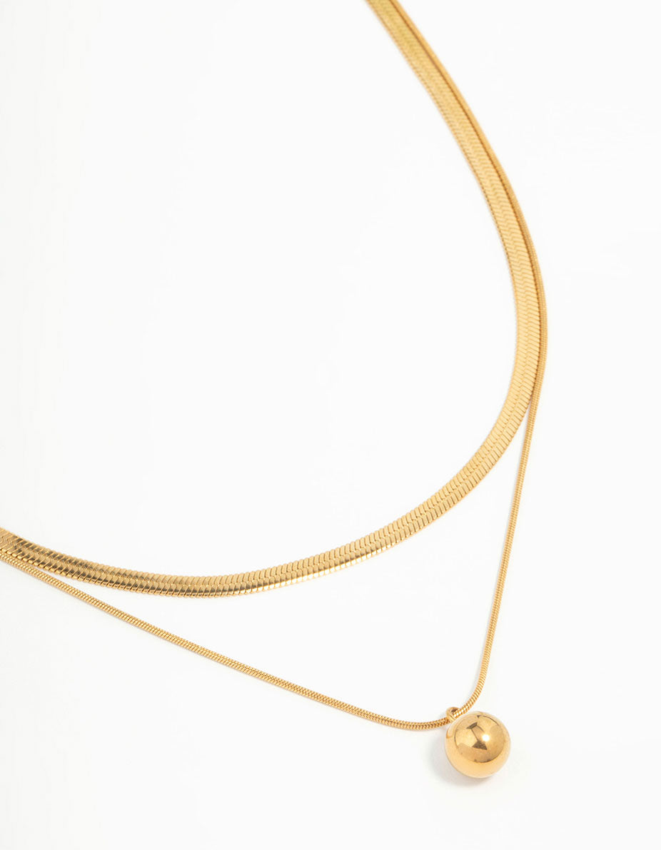 Waterproof Gold Plated Stainless Steel Layered Ball & Snake Chain Necklace