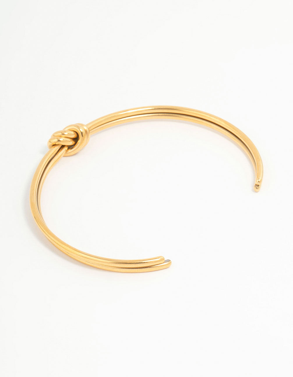 Showcasing waterproof gold plated stainless steel knotted wrist cuff front view