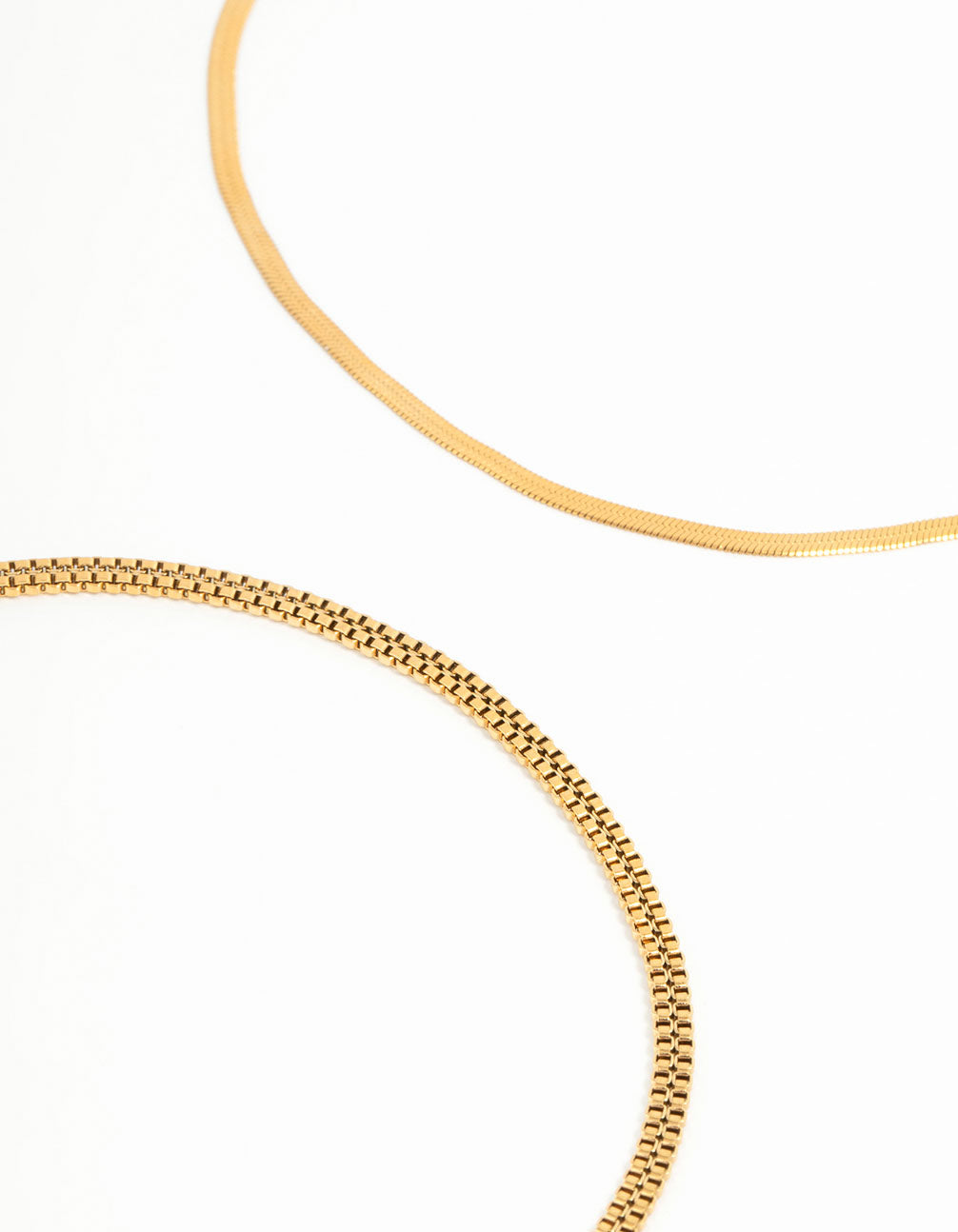 Featuring waterproof gold plated stainless steel mixed snake chain anklets 2-pack detail view