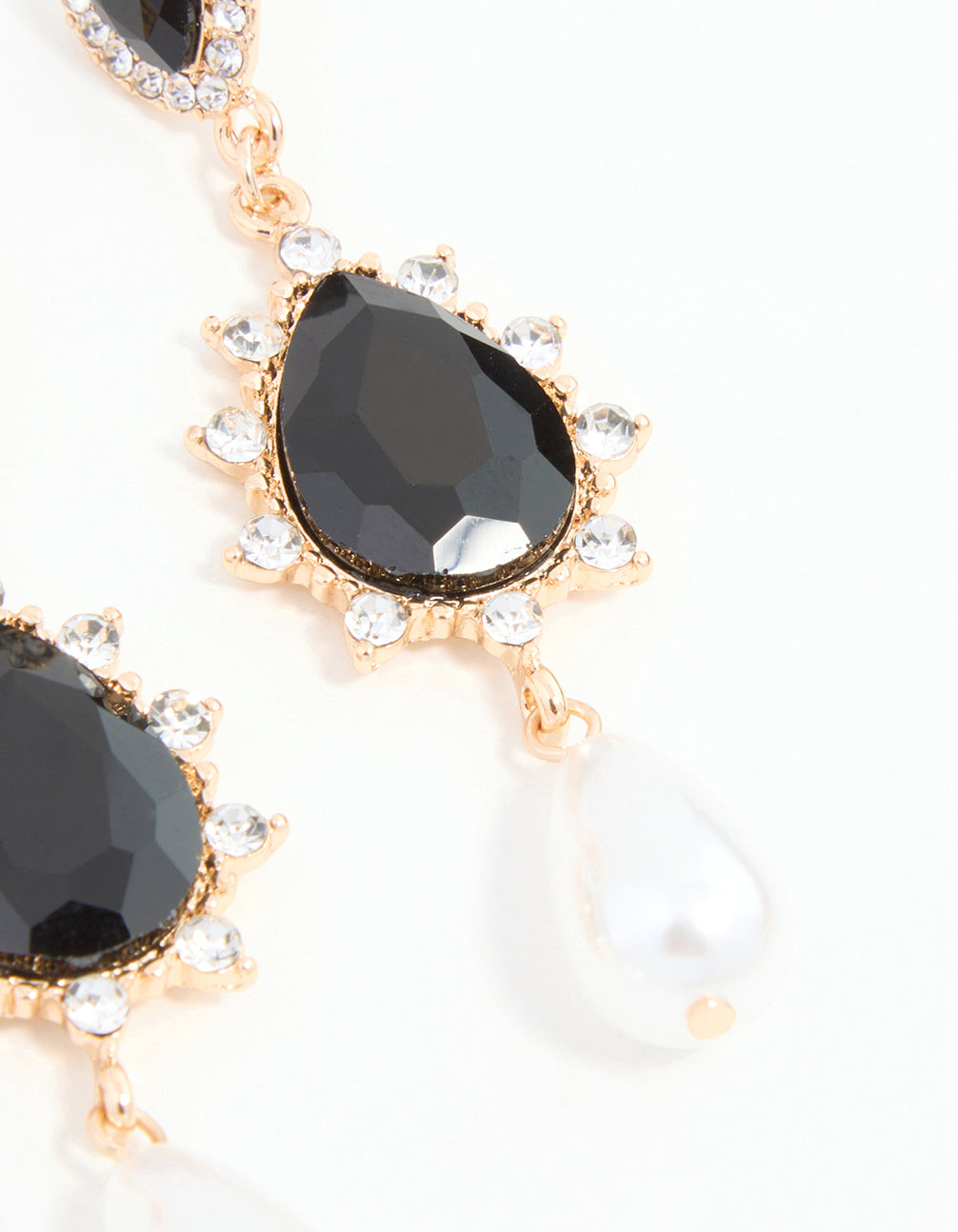 Black Diamante & Pearl Gold Drop Earrings
