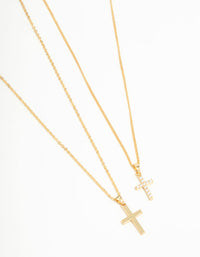 Gold Plated Cubic Zirconia & Plain Cross Necklaces 2-Pack - link has visual effect only