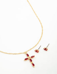 Gold Plated Red Diamante Pointed Cross Necklace & Stud Earrings Set - link has visual effect only