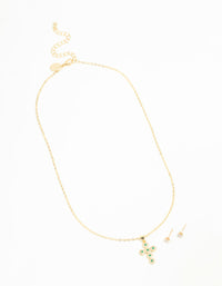 Gold Plated Green Cubic Zirconia  Cross Necklace & Stud Earring Set - link has visual effect only