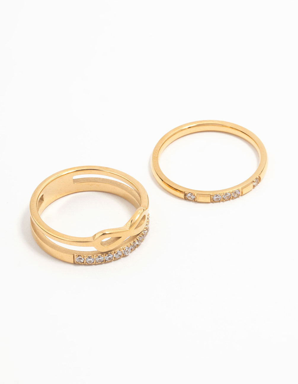 Showcasing waterproof gold plated stainless steel infinity rings in a 3-pack front view
