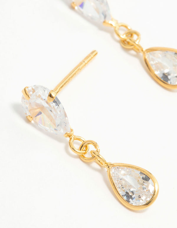 Gold Plated Sterling Silver Pear Cut Cubic Zirconia Drop Stud Earrings