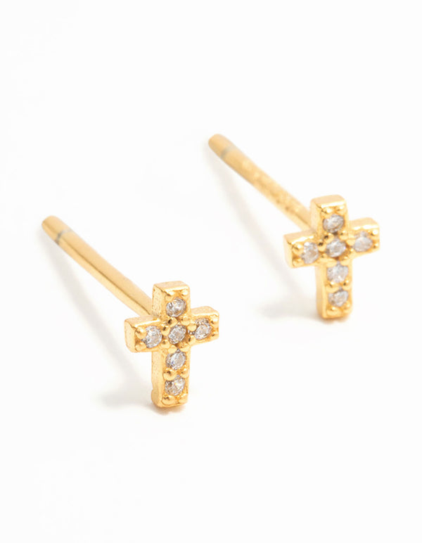 Gold Plated Sterling Silver Mini Diamante Cross Stud Earrings