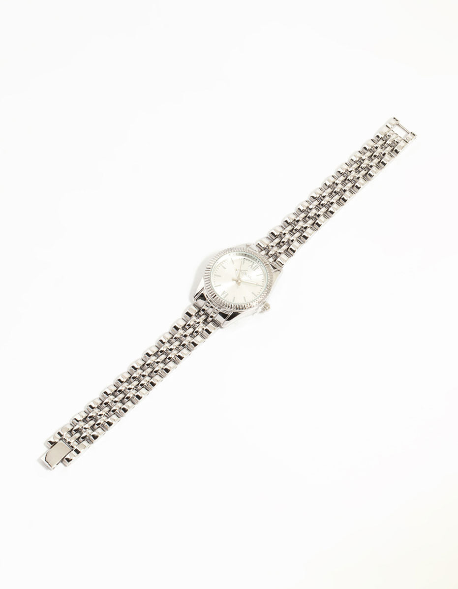Elegant women's analog watch with numbers on a white dial with stone look, round shape, casual style, link band in silver front view