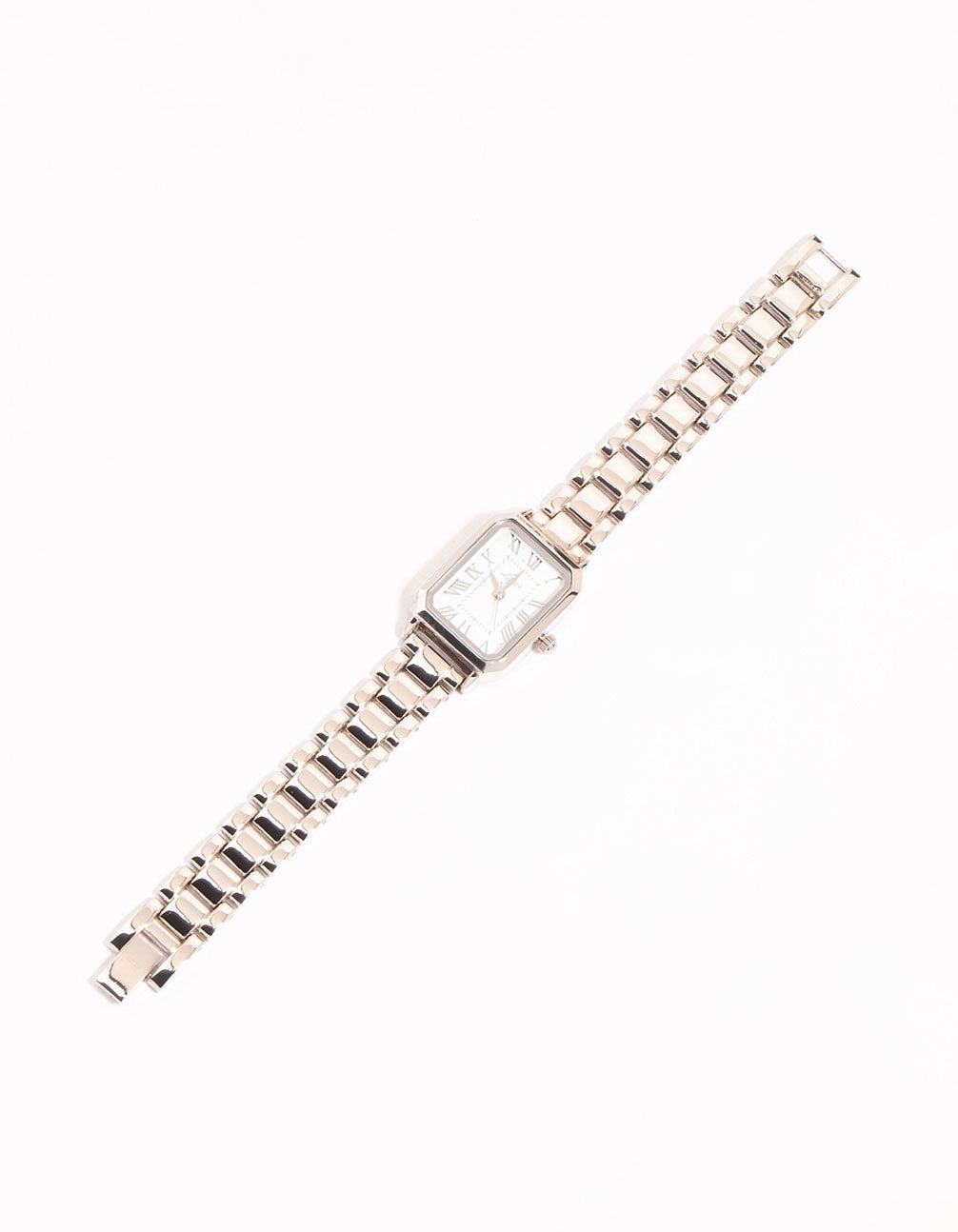 Elegant women's analog timepiece with white dial displaying roman numerals, rectangle shape crafted for formal occasions, link band in silver front view