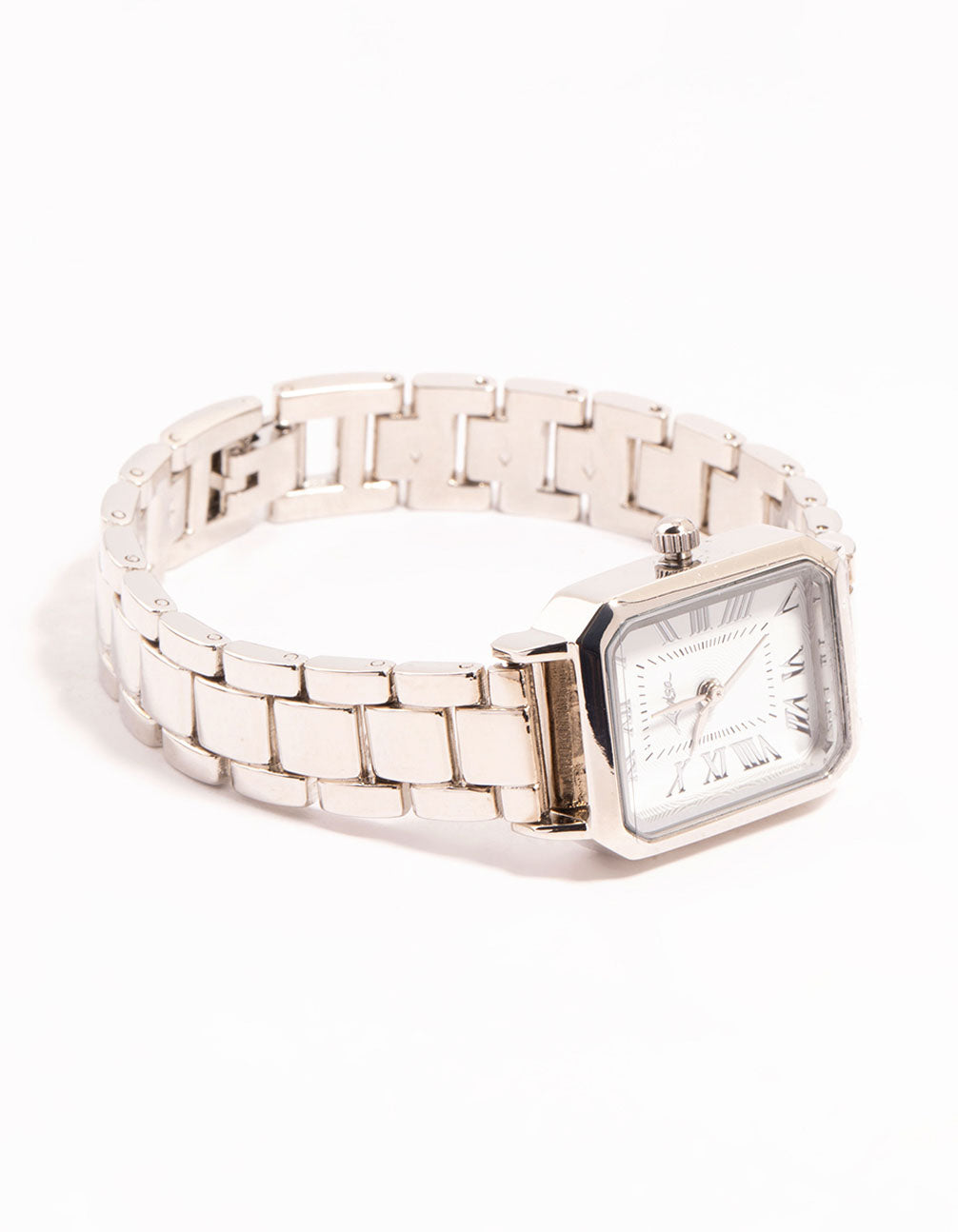 Presenting a women's analog watch featuring white dial with roman numerals, rectangle shape and link band in silver case detail view