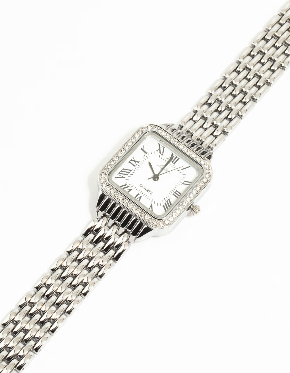 Elegant silver crystal roman numeral watch featuring a white dial, square shape, link band strap, designed for women's formal occasions, analog type watch face detail view
