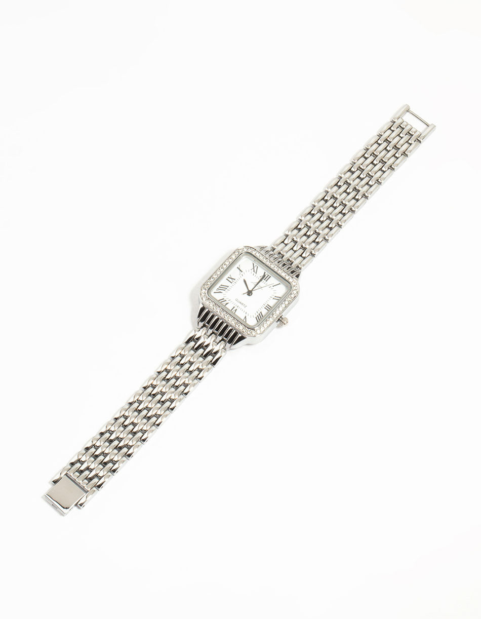 Elegant silver crystal roman numeral watch featuring a white dial, square shape, link band strap, designed for women's formal occasions, analog type front view