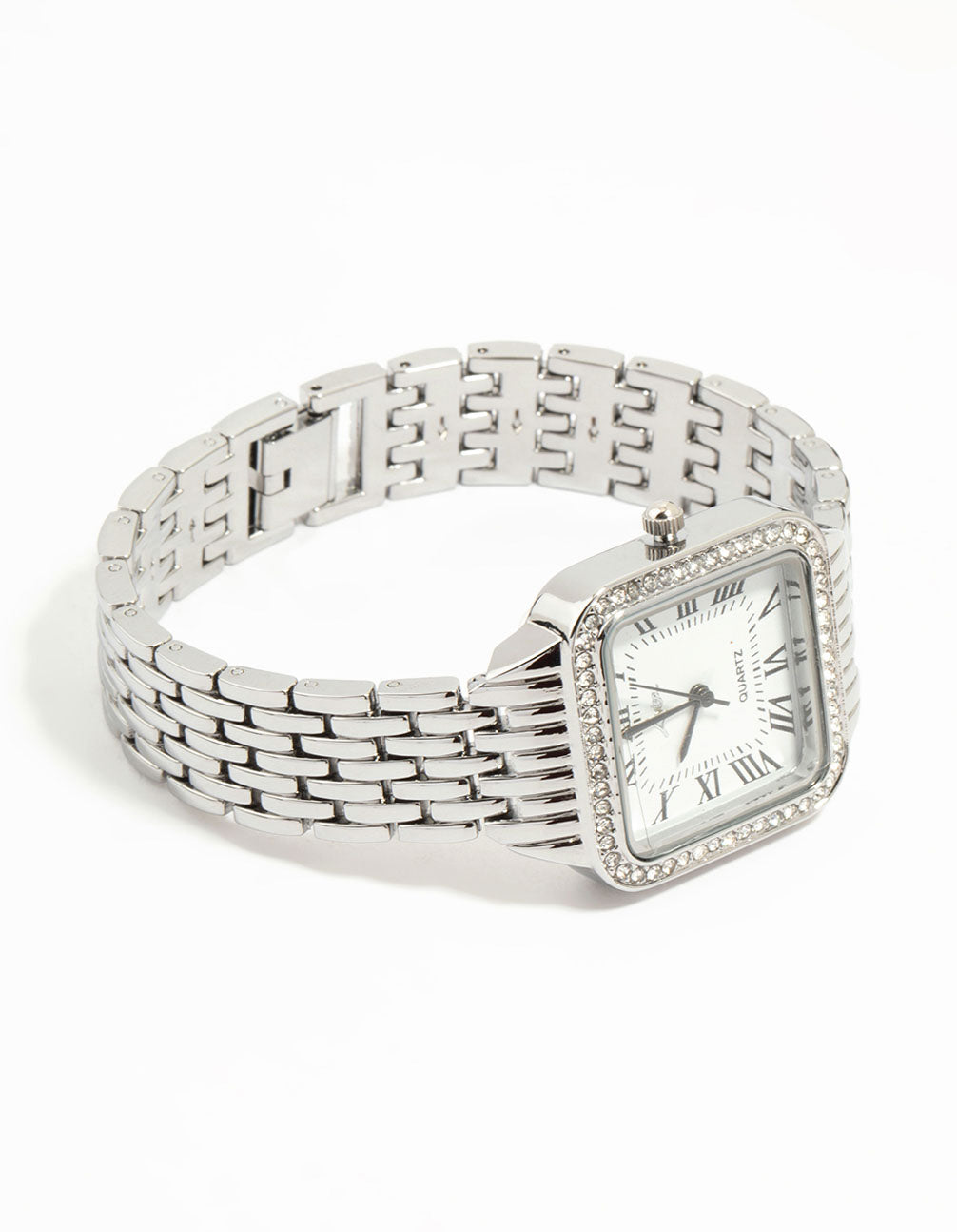 Elegant silver crystal roman numeral watch featuring a white dial, square shape, link band strap, designed for women's formal occasions, analog type front view