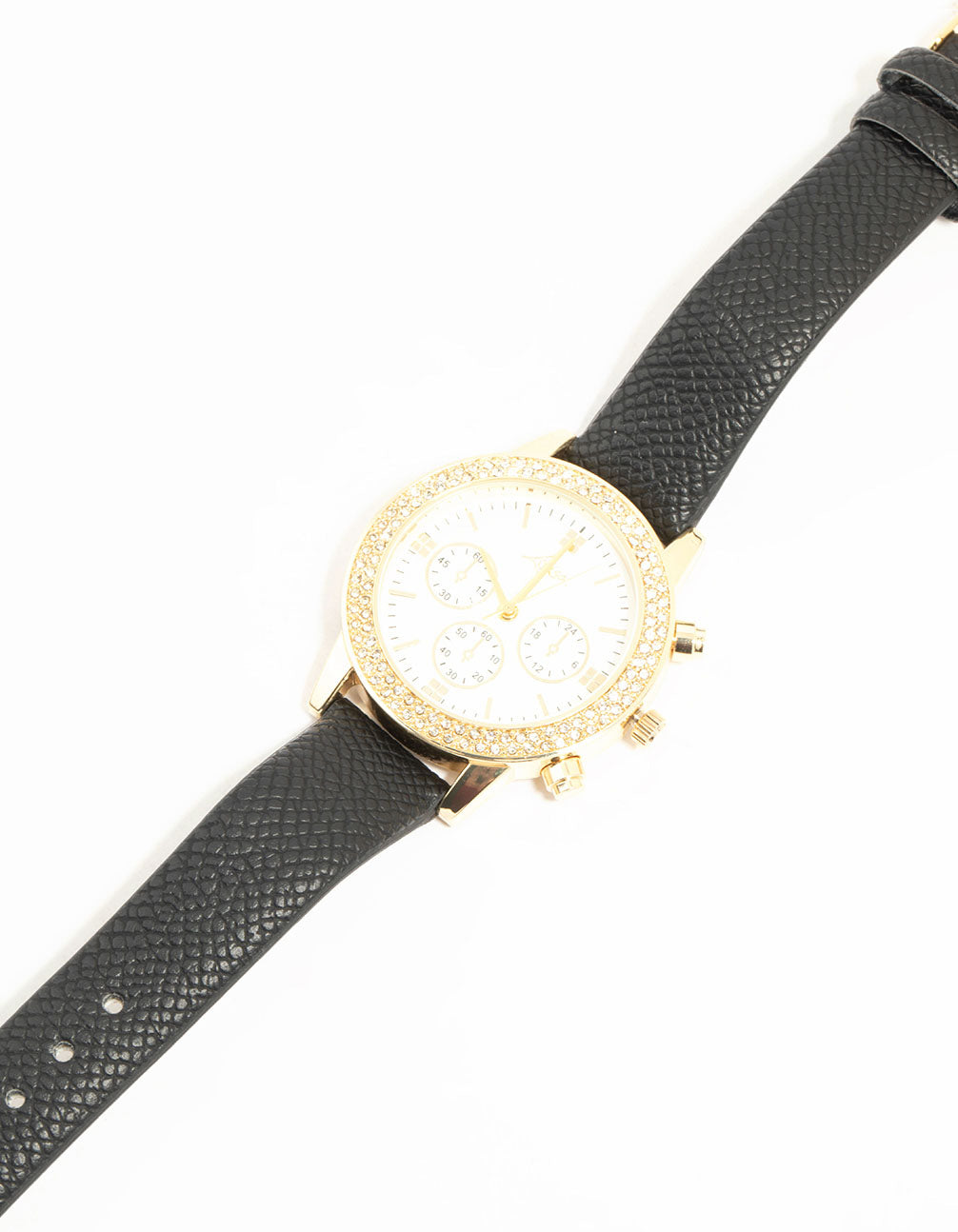Showcasing a women's chronograph mechanical timepiece with diamante stone look dial in white, round shape, formal occasion styling, PU leather strap in black, and gold accents for casual occasions watch face detail view
