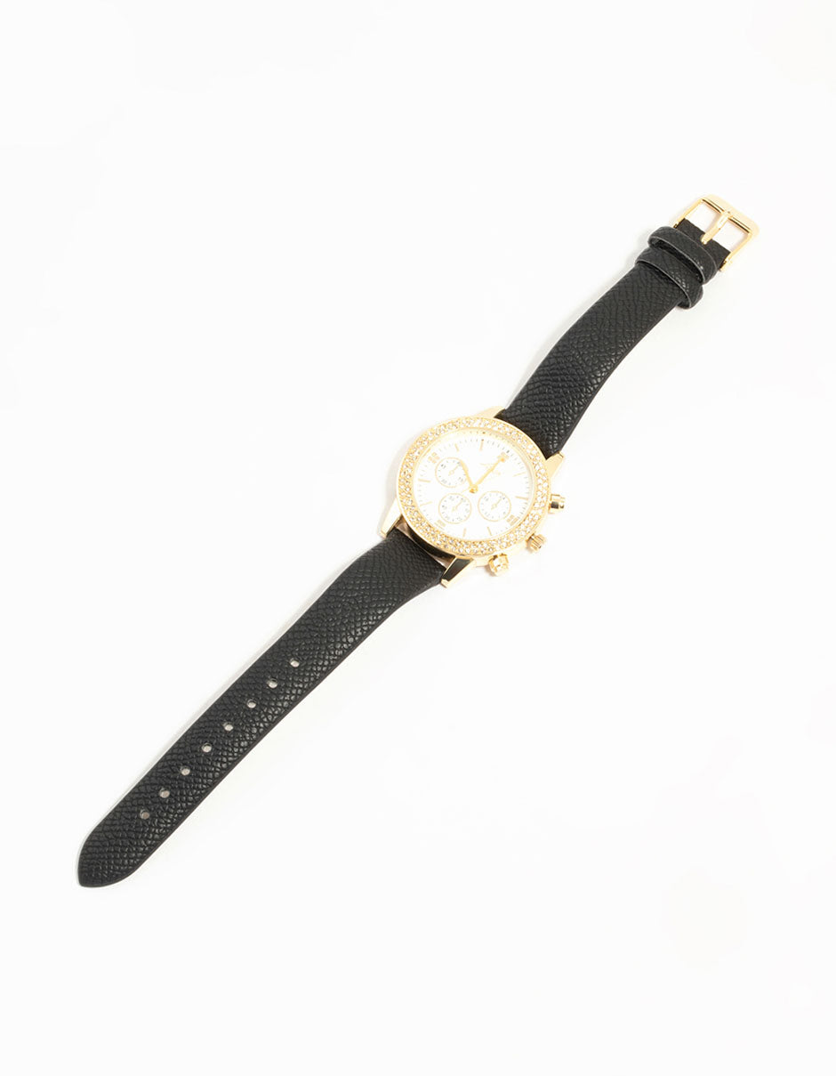 Elegantly designed women's chronograph mechanical timepiece with diamante stone look dial in white, round shape, formal occasion styling, PU leather strap in black, and gold accents for casual occasions front view