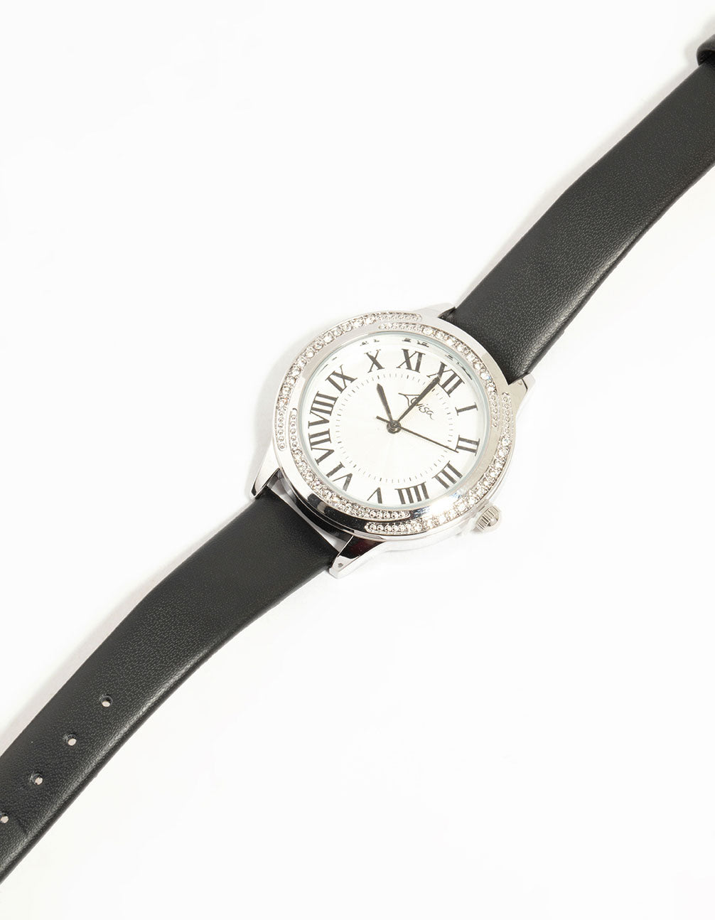 Showcasing a women's formal analog watch with roman numerals on white dial, round shape, and black PU leather strap watch face detail view