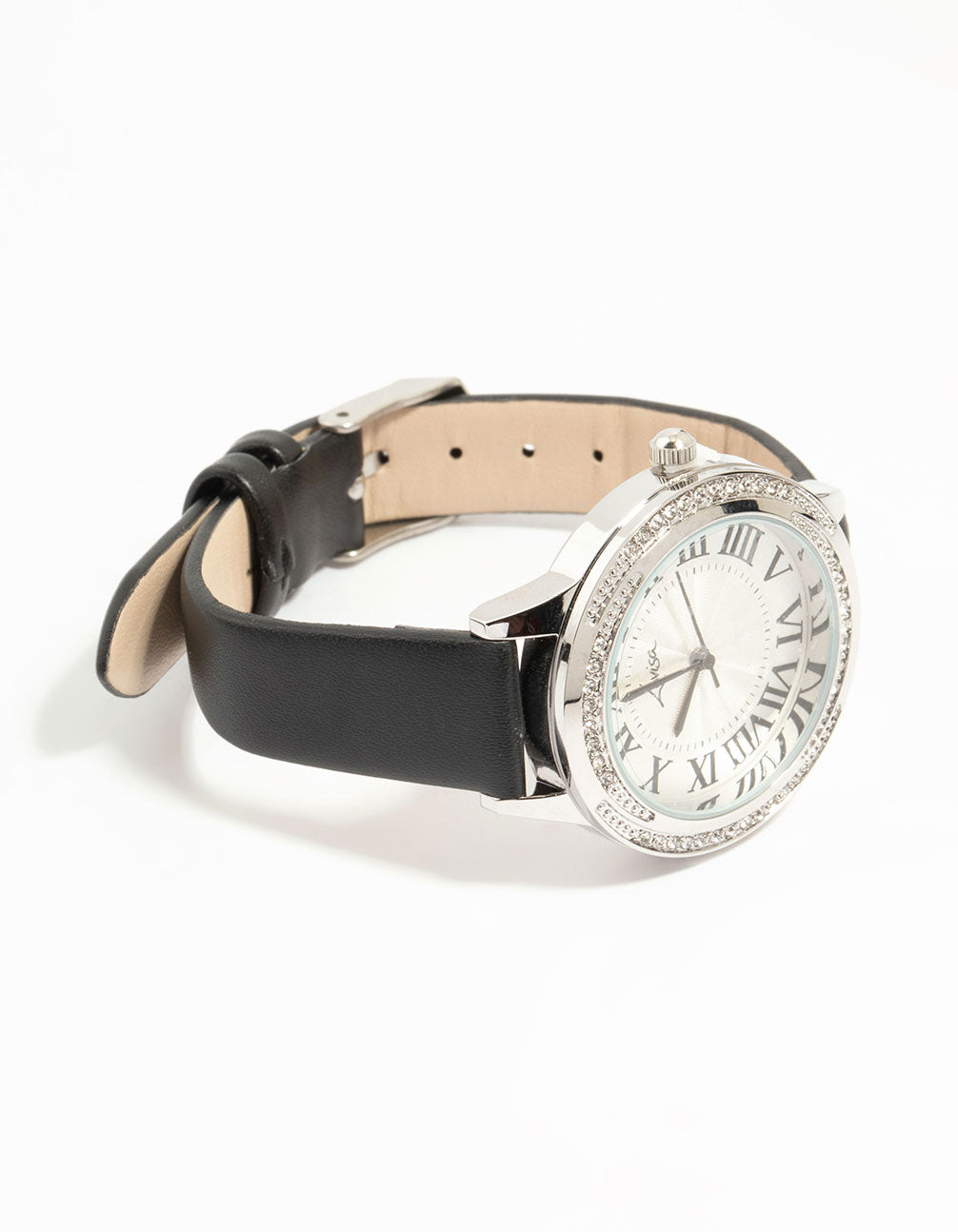 Crafted with PU leather, this women's formal analog watch displays roman numerals on white dial with round shape, black strap case detail view