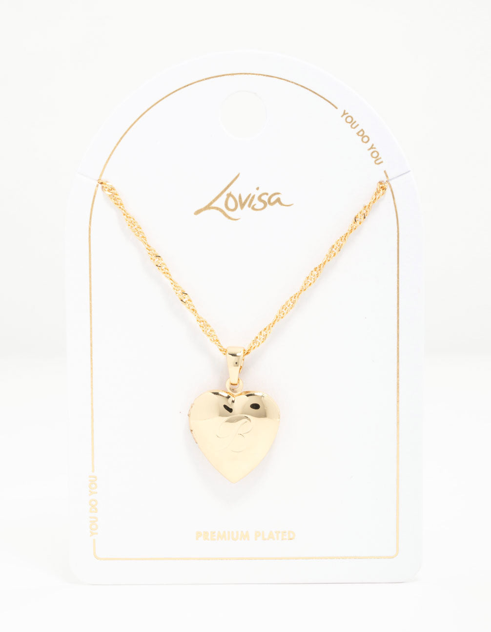 Showcasing a heart locket featuring initials letter B in gold plated pendant necklace close up view