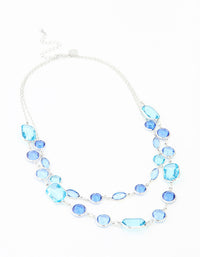 Blue Rectangle Diamante Stone Silver Layered Necklace - link has visual effect only